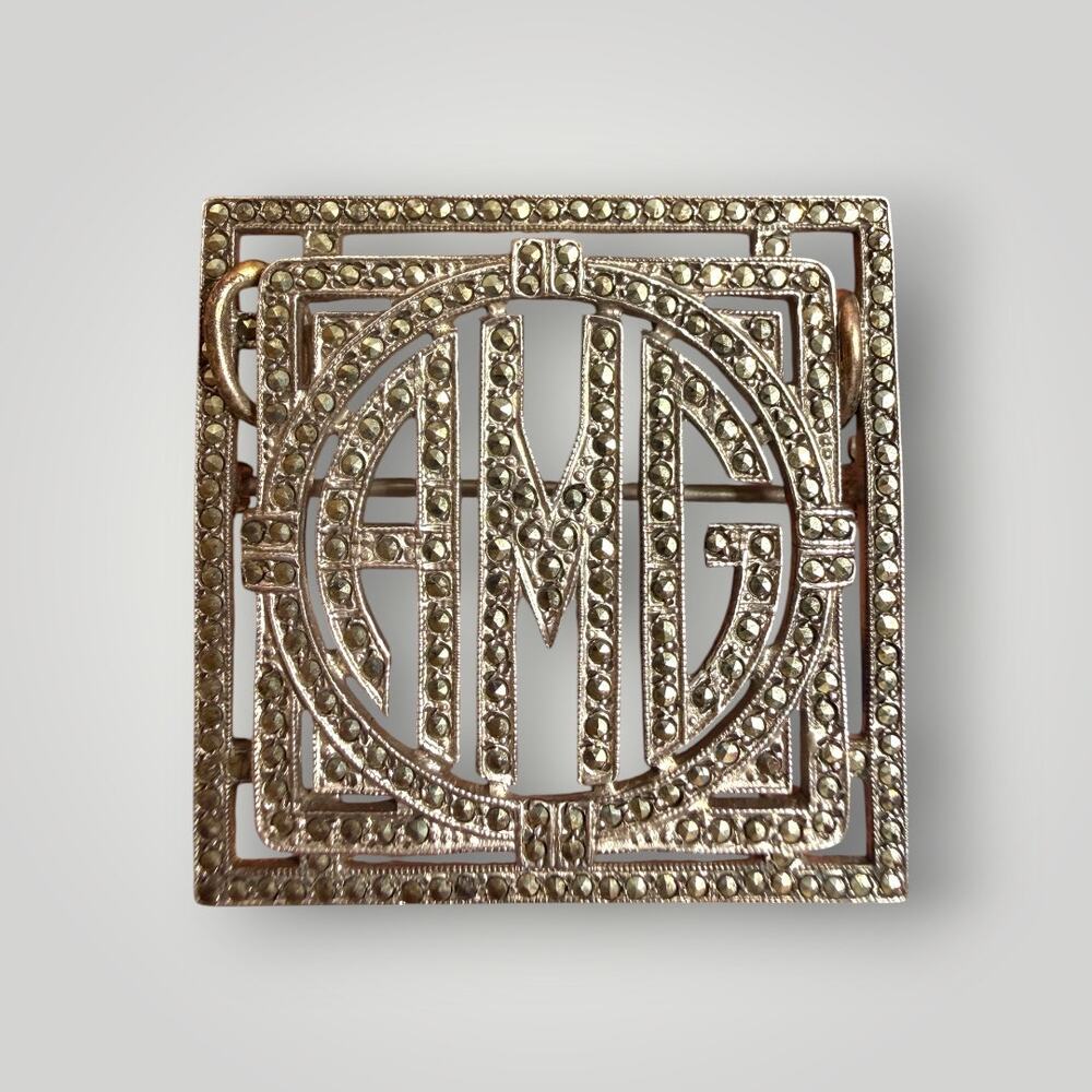 Vintage Art Deco Sterling Silver Marcasite AMG Monogram Brooch Pendant – 10.2g